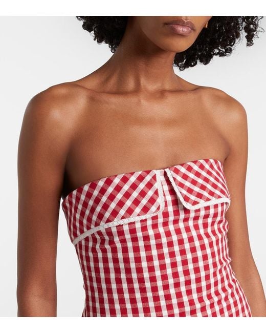 Posse Red Ebony Gingham Lace-Trimmed Cotton-Blend Midi Dress