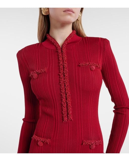 Self-Portrait Red Beaded Ribbed-Knit Midi Dress