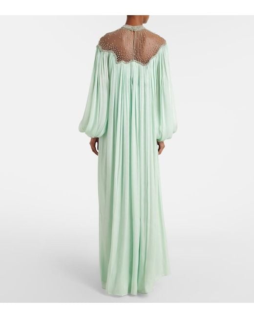 Costarellos Green Elline Embellished Pleated Gown