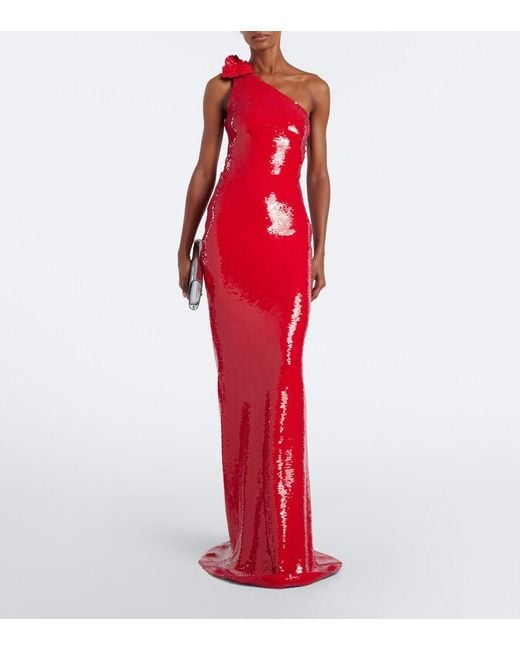 David Koma Red Sequined One-Shoulder Gown