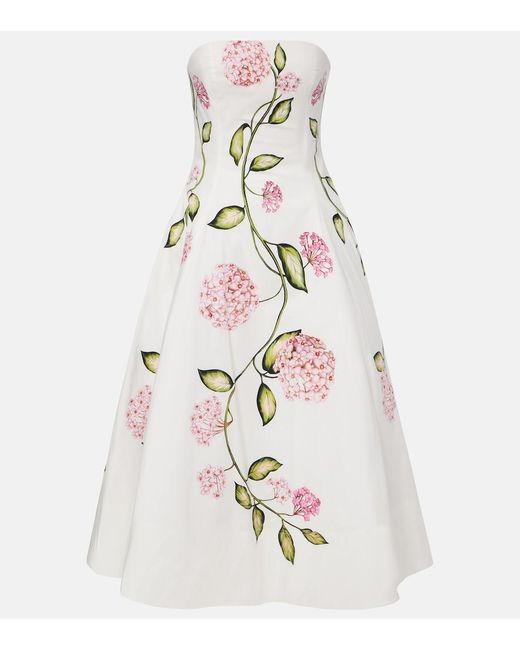 Oscar de la Renta White Floral Cotton-Blend Poplin Bustier Gown
