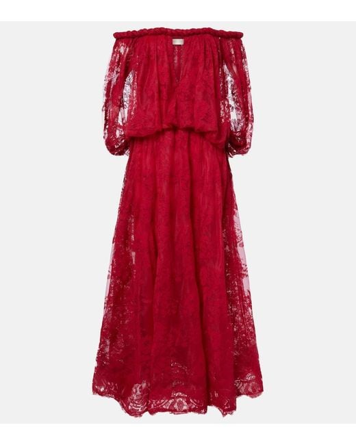 Zimmermann Red Luna Off-Shoulder Floral Lace Gown