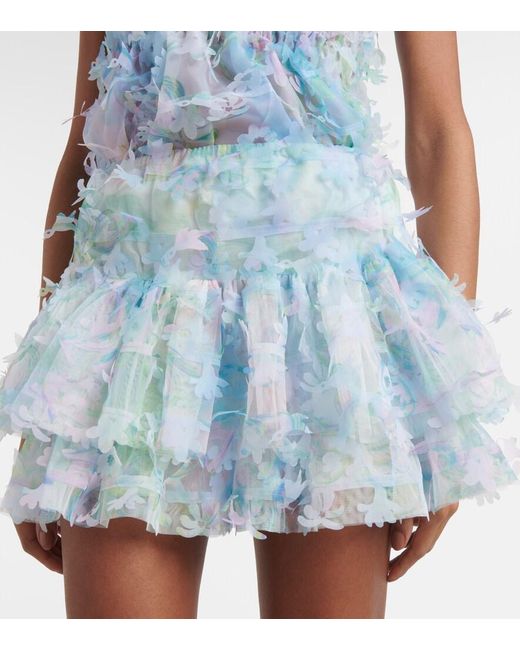 SUSAN FANG Blue Floral-Applique Tiered Tulle Miniskirt