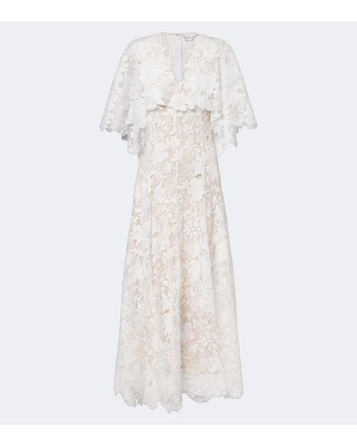 Oscar de la Renta White Caped Floral Guipure Lace Gown