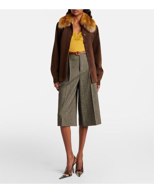 Saint Laurent Brown Belted Shearling-Trimmed Suede Jacket