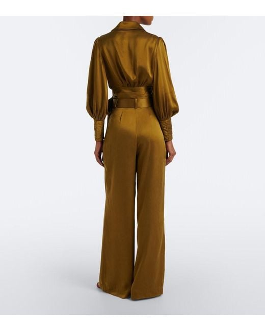 Zimmermann Natural Belted Pleated Silk Wide-Leg Pants