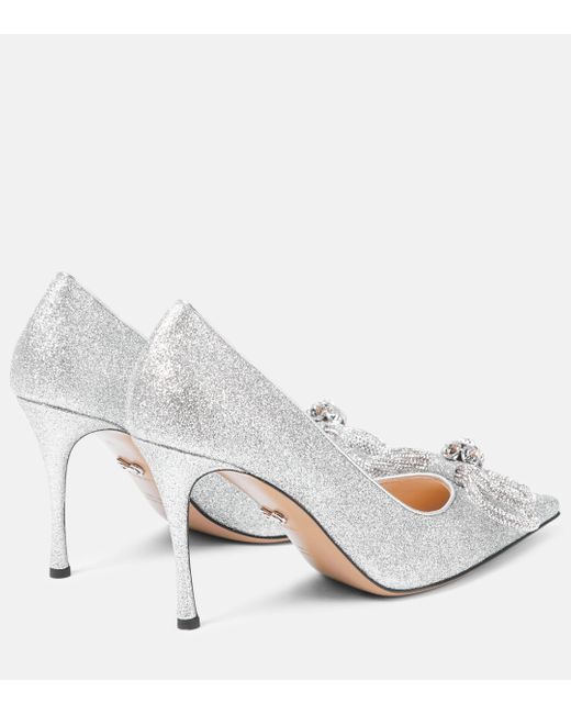 Mach & Mach White Double Bow Crystal-embellished Pumps