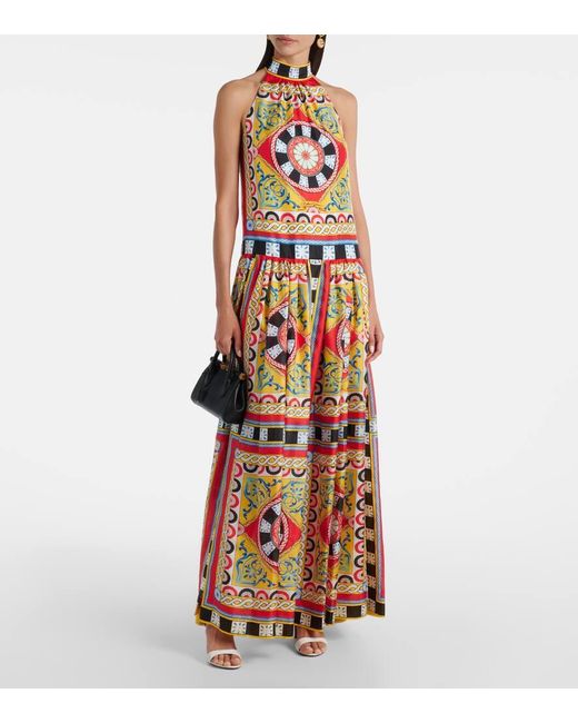 Dolce & Gabbana White Taormina Printed Halterneck Silk Gown