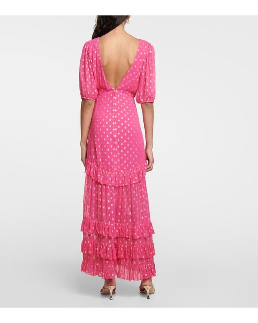 Rixo Pink Shireen Ruffled Polka-dot Metallic Fil Coupé Maxi Dress