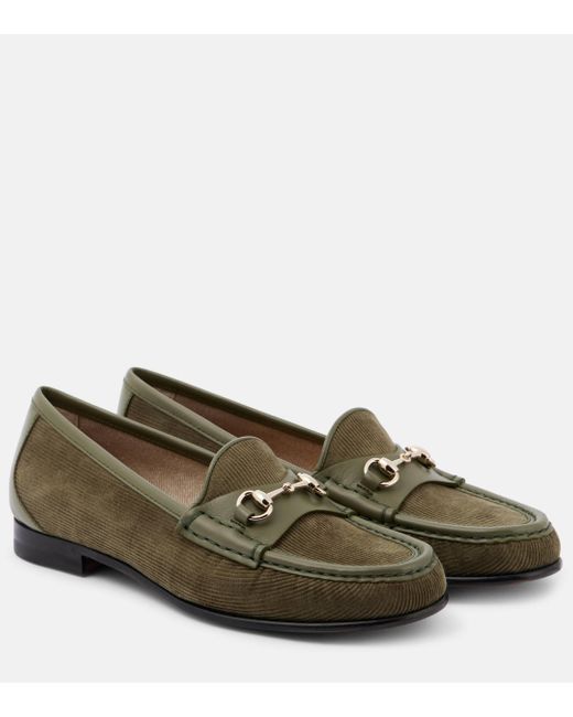 Gucci Green Horsebit-Embellished Corduroy And Leather Loafers