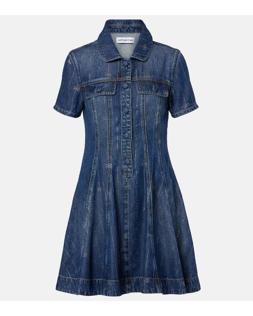 Self-Portrait Blue Embellished Pleated Denim Minidress