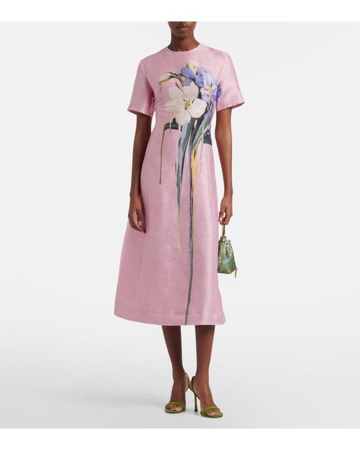 LEO LIN Pink Caroline Floral Linen-Blend Midi Dress