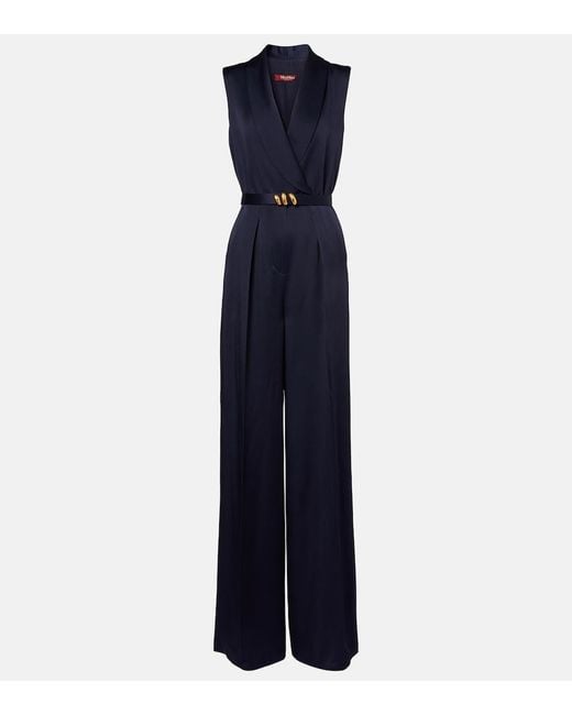 Max Mara Blue Elegante Belted Satin Jumpsuit