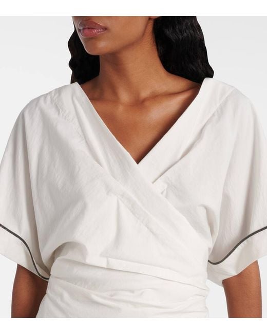 Vestido Envolvente En Mezcla De Algodon Con Cuentas Monili Brunello Cucinelli de color White