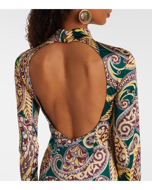 Etro Green Paisley Asymmetric Midi Dress