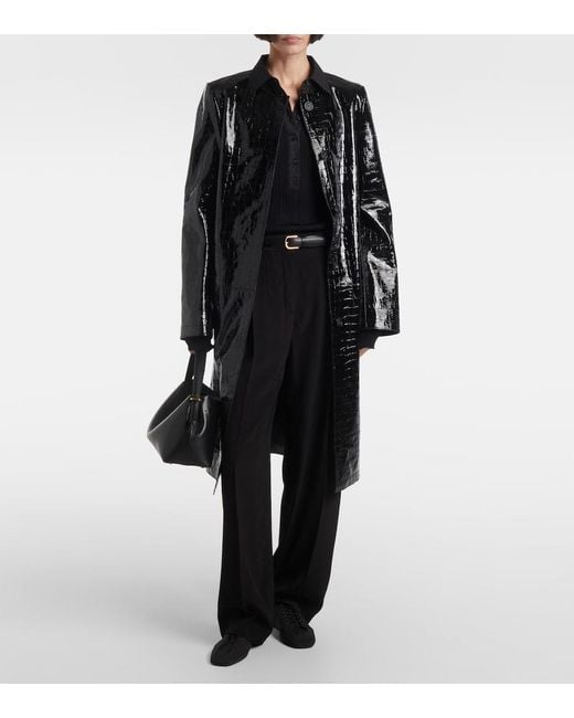Totême Black Croc-Effect Embossed Leather Coat