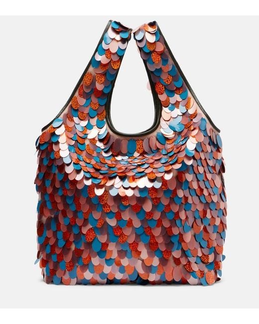 Dries Van Noten Red March Large Leather-Trimmed Sequined Tote Bag