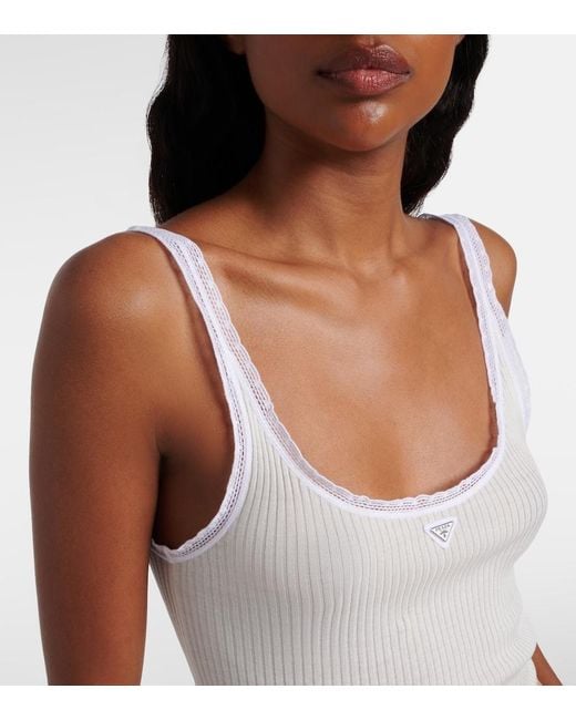 Prada White Lace-Trimmed Ribbed-Knit Cotton Tank Top