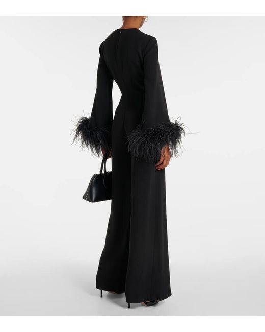 Valentino Black Feather-trimmed V-neck Silk Jumpsuit