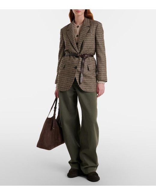 Brunello Cucinelli Brown Belted Checked Wool And Alpaca-Blend Jacket