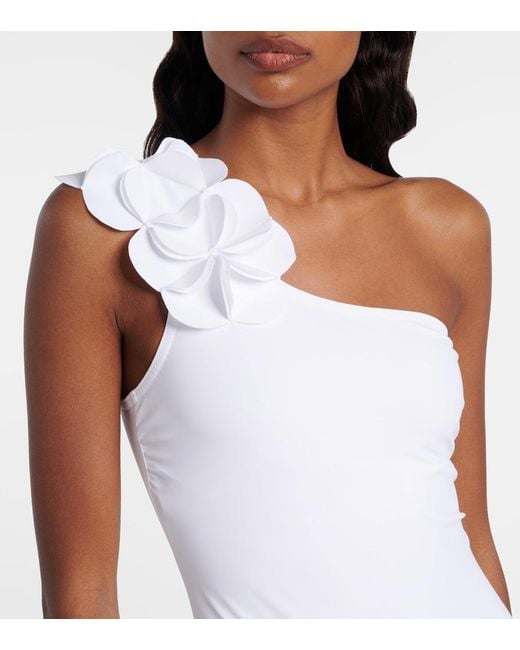 Karla Colletto White Tess Floral-Applique One-Shoulder Swimsuit