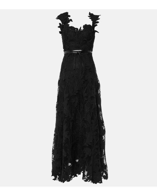 Oscar de la Renta Black Marbled Carnation Guipure Lace Bustier Gown