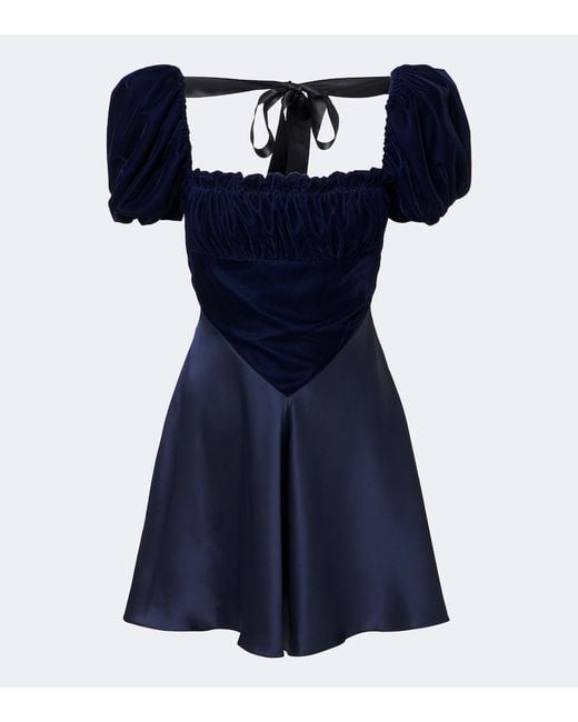 Rodarte Blue Ruched Silk Satin And Velvet Minidress