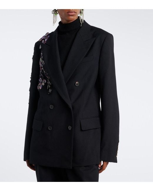 Dries Van Noten Black Embellished Double-Breasted Wool Blazer