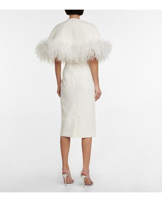 Safiyaa White Bridal Feather-trimmed Crepe Midi Dress
