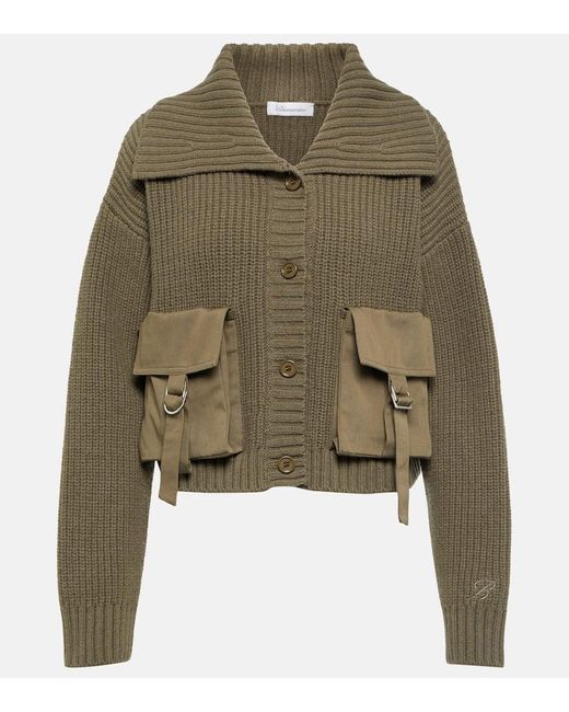 Blumarine Green Ribbed-Knit Wool Cardigan