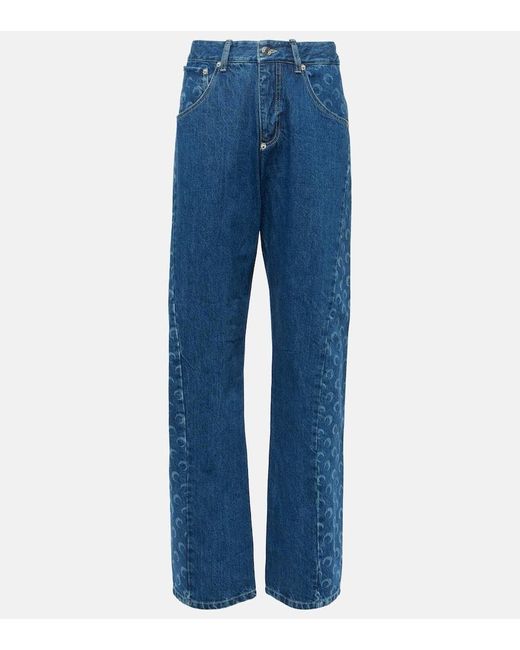 MARINE SERRE Blue High-Rise Straight Jeans All Over Moon