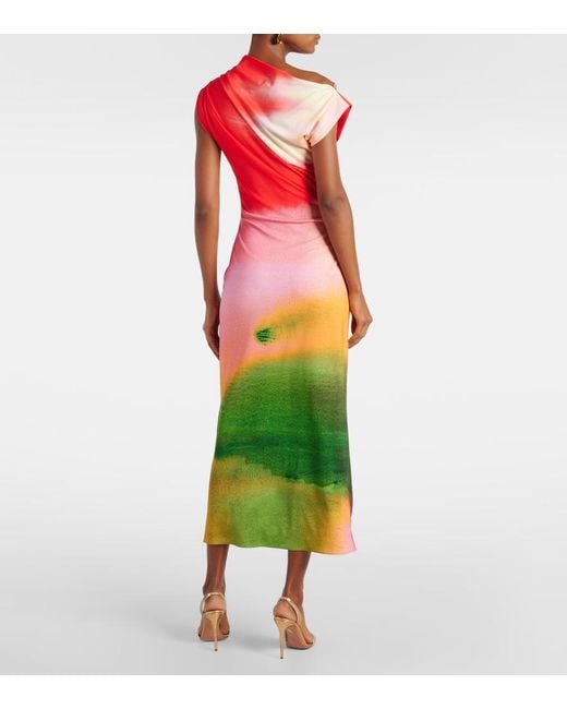 Oscar de la Renta Red Colorblock Draped Jersey Midi Dress