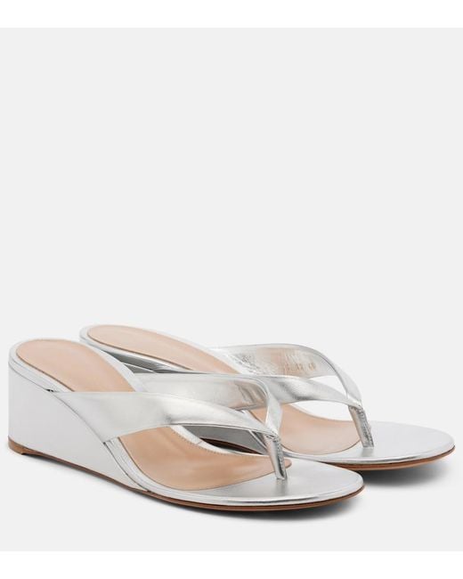 Gianvito Rossi White Metallic Leather Wedge Thong Sandals