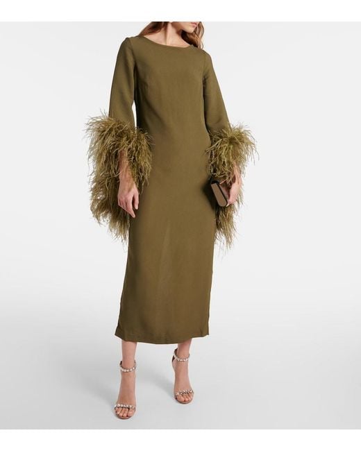 Taller Marmo Green Del Lago Feather-Trimmed Midi Dress