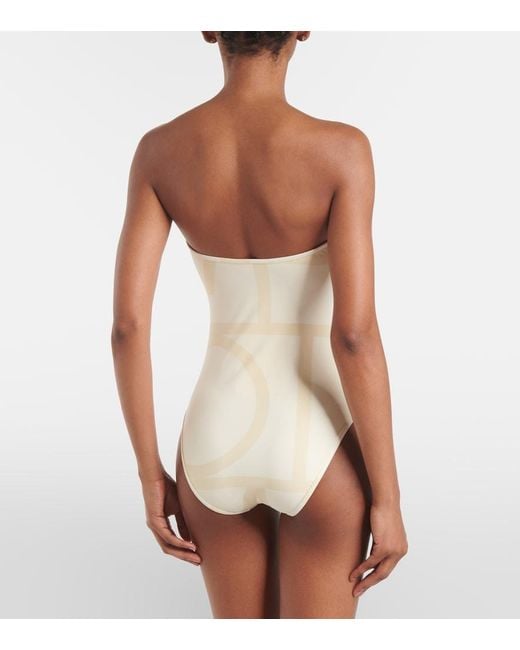 Totême  White Monogram Strapless Jersey Swimsuit