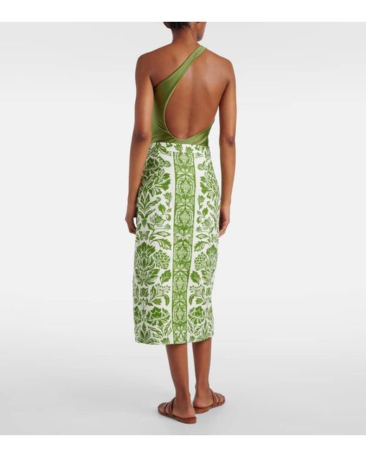 Farm Rio Green Delicate Tapestry Linen-Blend Midi Skirt
