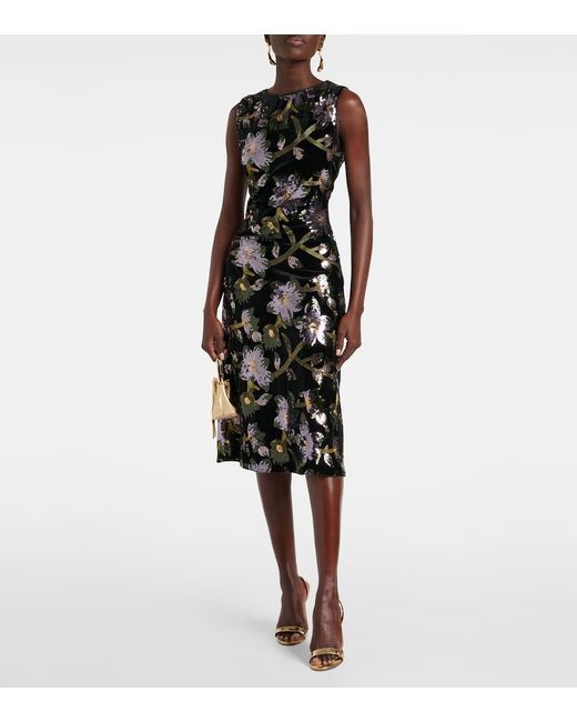 Diane von Furstenberg Black Coral Sequined Floral Midi Dress