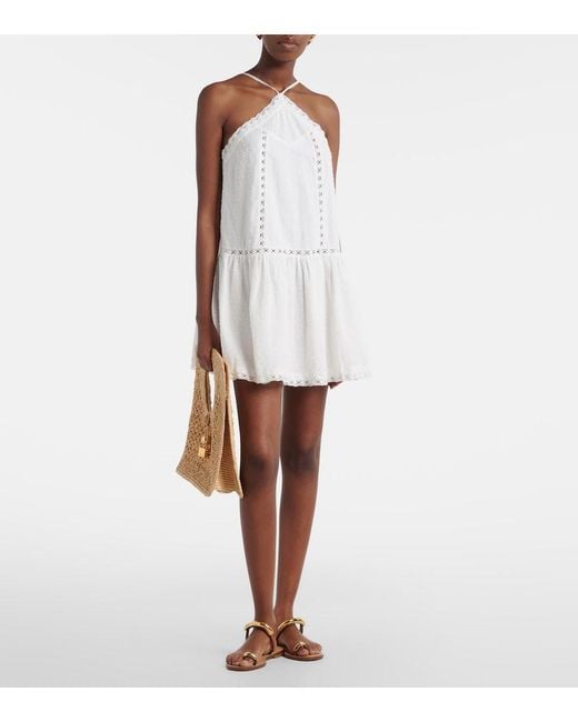 Poupette White Nora Lace-Trimmed Halterneck Cotton Minidress