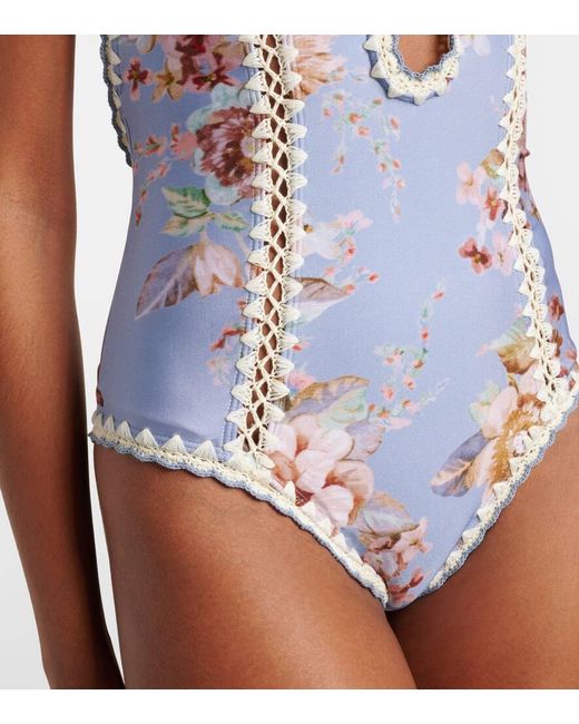 Zimmermann Blue Awaken Floral Crochet-Trimmed Swimsuit