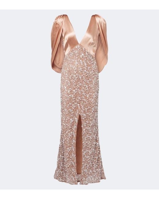 La Fuori Brown Genevieve Embellished Lace And Satin Gown