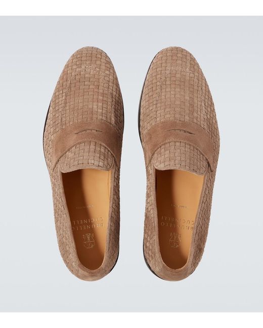 Brunello Cucinelli Brown Woven Suede Penny Loafers for men