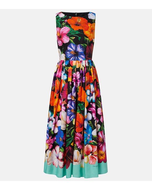 Dolce & Gabbana Red Floral Cotton Midi Dress