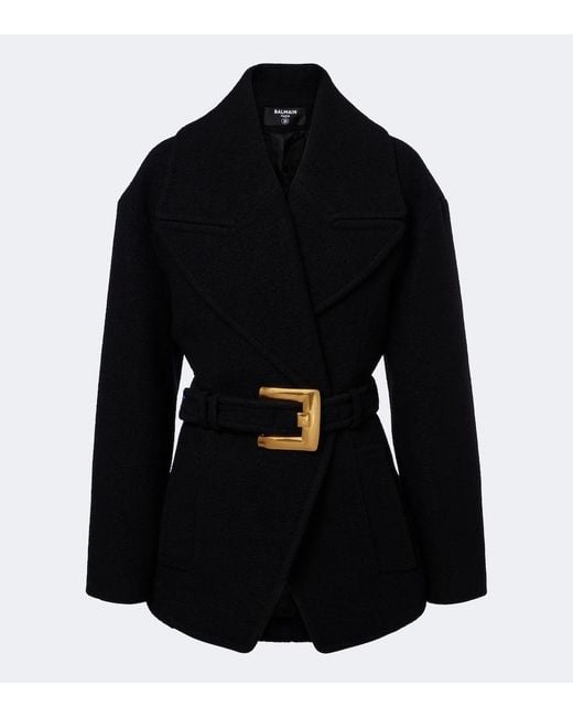 Balmain Black Double-Breasted Virgin Wool Coat