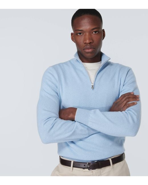 Brunello Cucinelli Blue Cashmere Half-zip Sweater for men