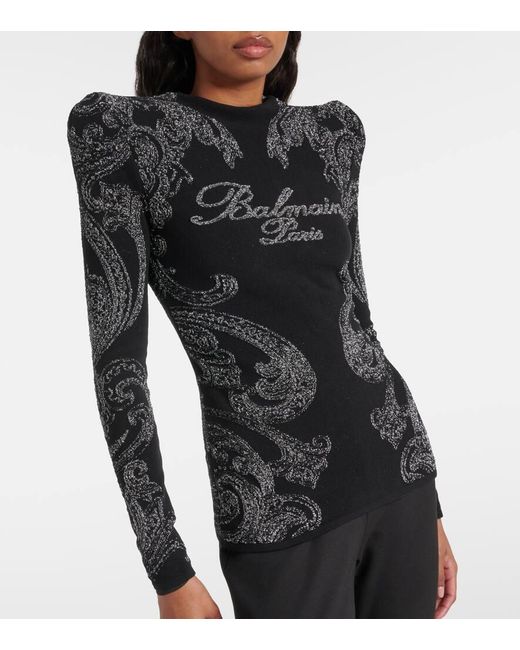 Balmain Black Logo Paisley Cotton-Blend Jersey Top