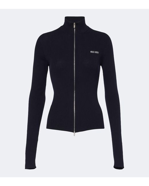 Miu Miu Blue Ribbed-Knit Cotton Zip-Up Sweater