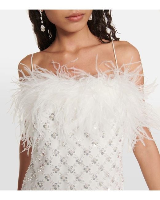 Rebecca Vallance White Feather-trimmed Embellished Minidress