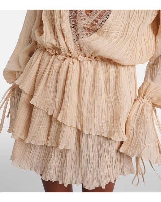 Blumarine Natural Lace-Trimmed Plisse Georgette Minidress