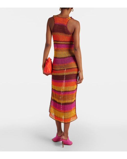 Anna Kosturova Orange Striped Crochet Cotton Maxi Dress