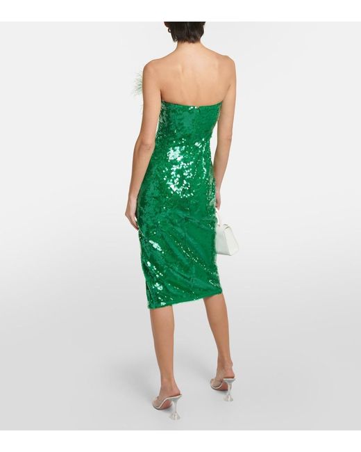 Self-Portrait Green Feather-Trimmed Sequined Midi Dress
